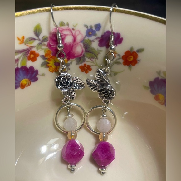 Jewelry - Silver and Pink Floral Earrings